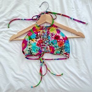 Luli Fama Paraiso Multi-Colored Pink High Neck Halter Bikini Top Extra Small XS